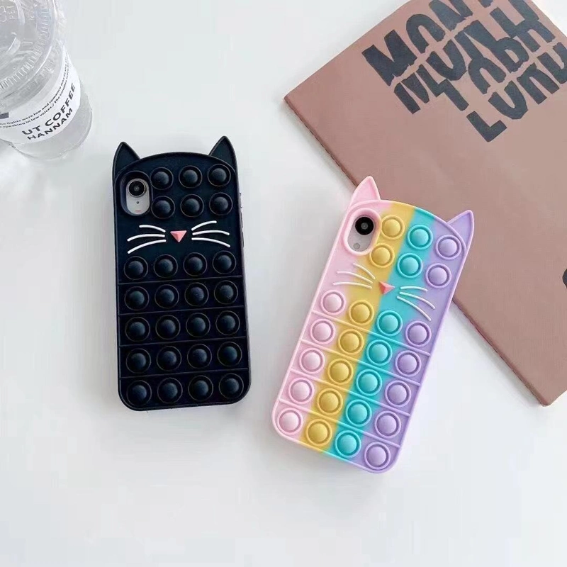 Cute 3D Silicone Push Pops Sensory Fidget Toy Bubble Phone Cover Stress Relief Pops It Cat Beard Phone Case for iPhone 11 12 13